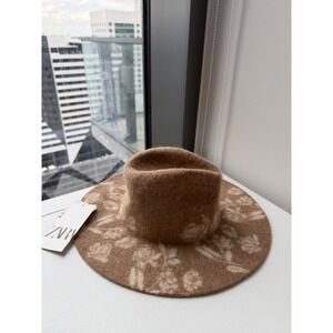 Zara Floral Wool Blend Fedora Hat Brown Tan Wide Brim New S M NWT‎